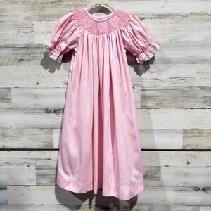 Classic Whimsy Smocked Dress Girls 7 Pink Heart Eyelet Southern Preppy EUC